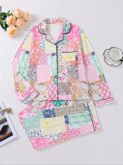 Women's Floral & Plaid Pajama Set, Long Sleeve Button Front Top, Elastic Waist Pants, Casual Fall Winter Sleepwear