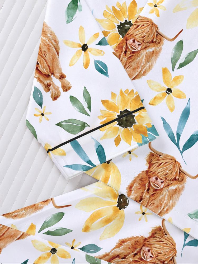 Women's Long Sleeve Sleepwear Set, Highland Cow & Sunflower Print, Soft Fabric, Elegant Casual, Comfortable Flap Collar Top