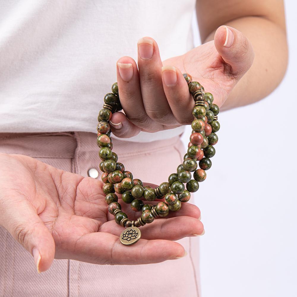 Unakite Healing Crystal Stone 108 Mala Beads Handmade Stacked Elastic Money Attraction Bracelet - Natural Stone Mindfulness Long Beaded Wrap  Genuine Gemstone Mala Prayer Beads Lotus Buddha Charm Yoga Japamala Jewelry Necklace , Elegant with Lotus Pendant