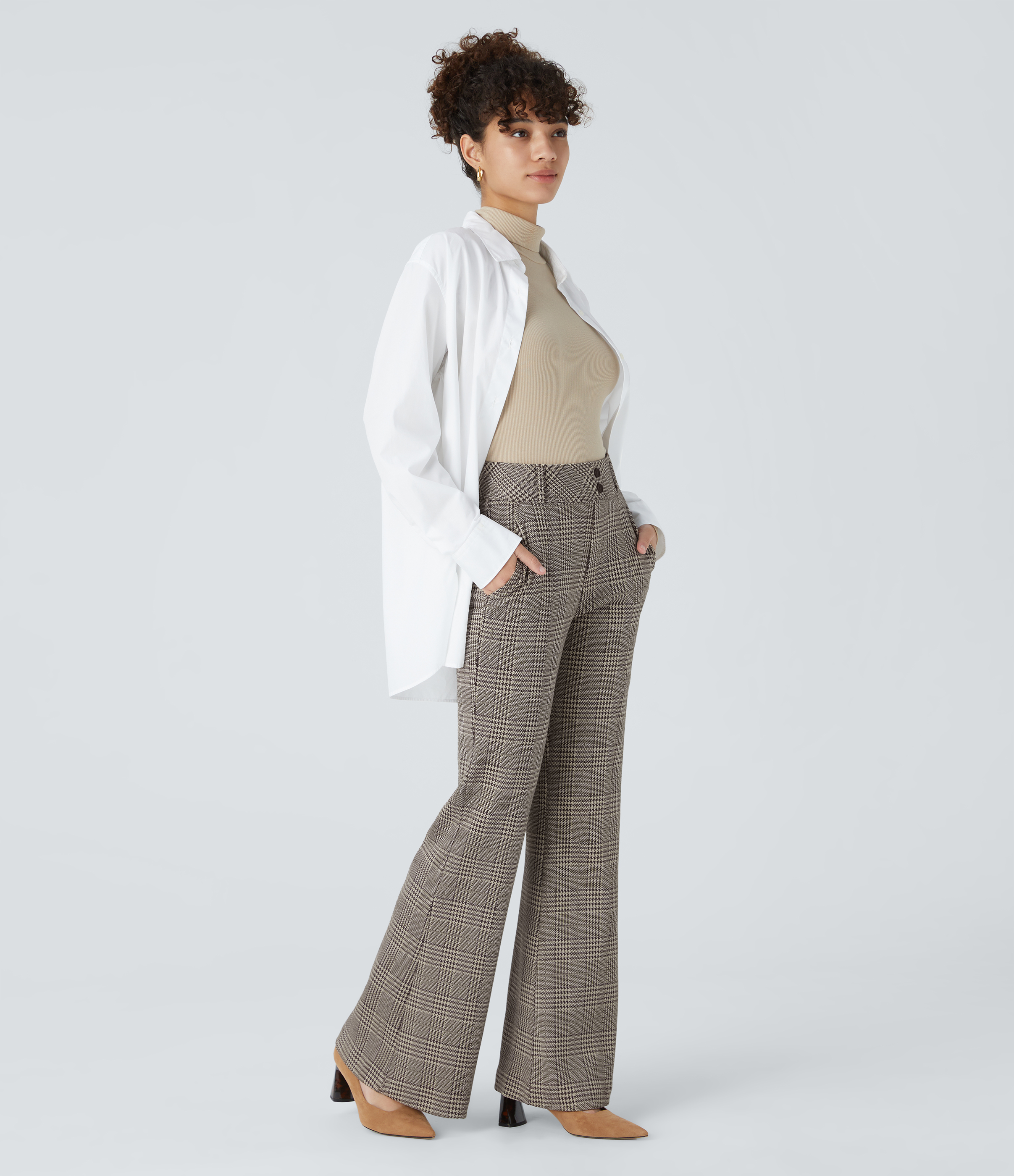 FlexHigh Waisted Decorative Pocket Houndstooth Plaid Work Flare Pants