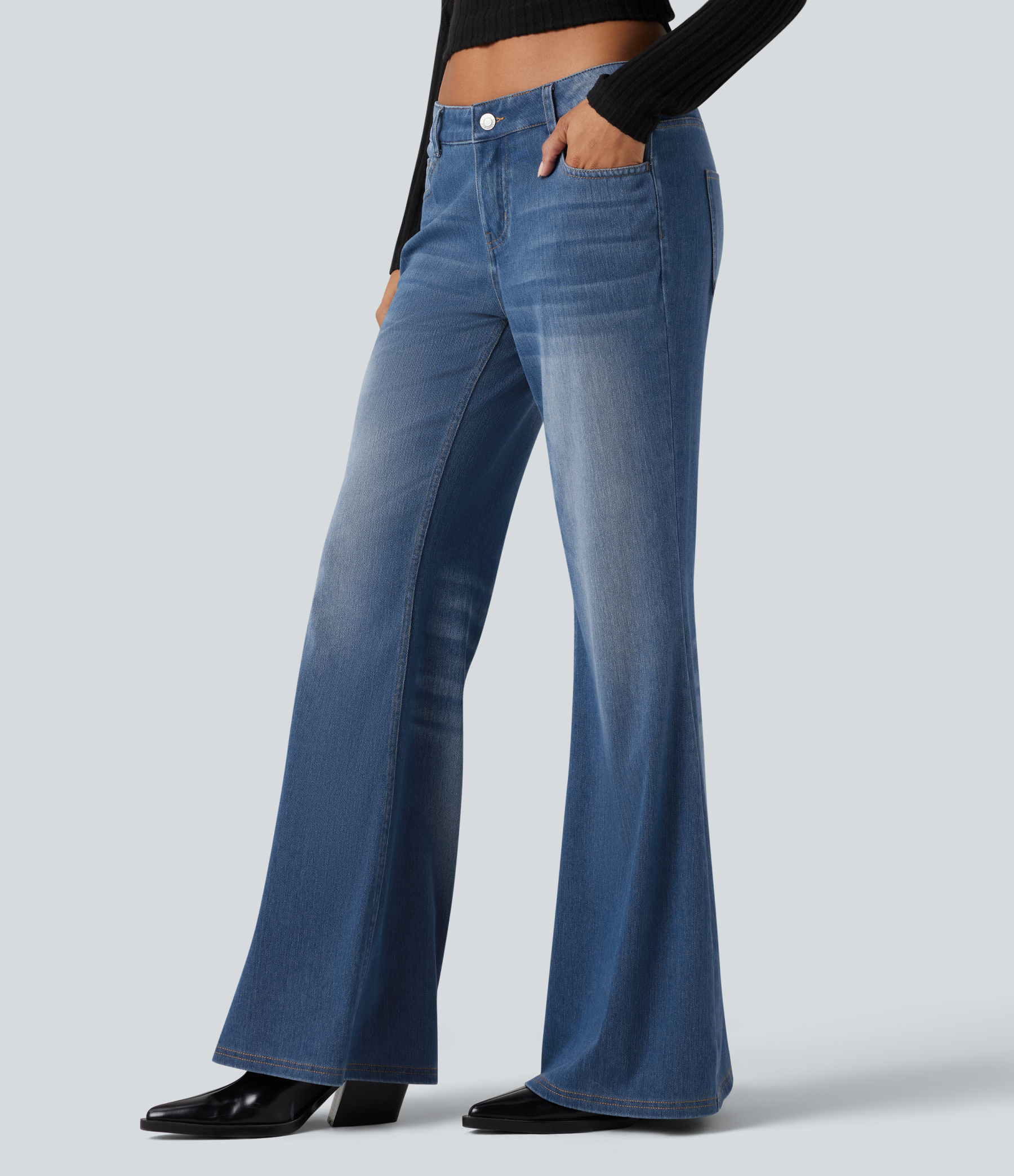 FlexLow Rise Flare Washed Casual Jeans with Pockets