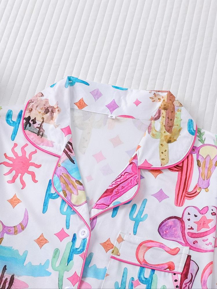 Women's Denim Pattern Pajama Set, Long Sleeve Shirt Collar Soft Top & Elastic Pants, Casual Home Wear for Fall Winter Holidays