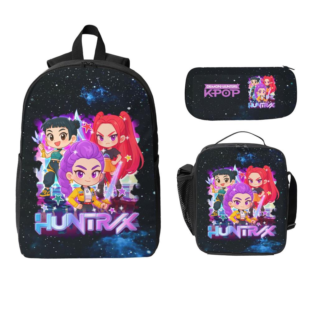 3PCS Functional K-POP Demon Hunters Backpack Set - Black Large Capacity Laptop Schoolbag + Portable Lunch Bag + Pencil Case, Fashionable Bag for Teens Men Women, Perfect for Daily Use & Gift Giving