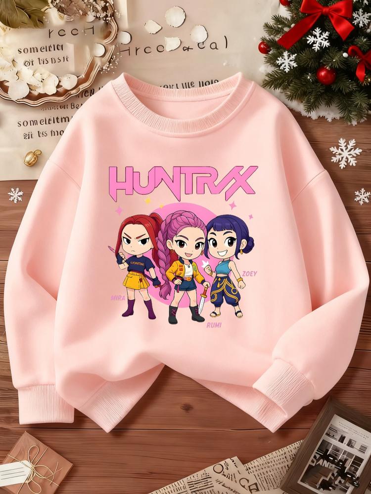 Kpop-Hunter Girl Group Anime Cartoon Print, Elastic Fabric, Girls' Casual Sports Wear, Youth Outdoor & Indoor Activities Hoodie