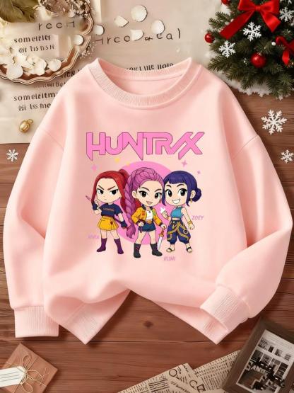 Kpop-Hunter Girl Group Anime Cartoon Print, Elastic Fabric, Girls' Casual Sports Wear, Youth Outdoor & Indoor Activities Hoodie