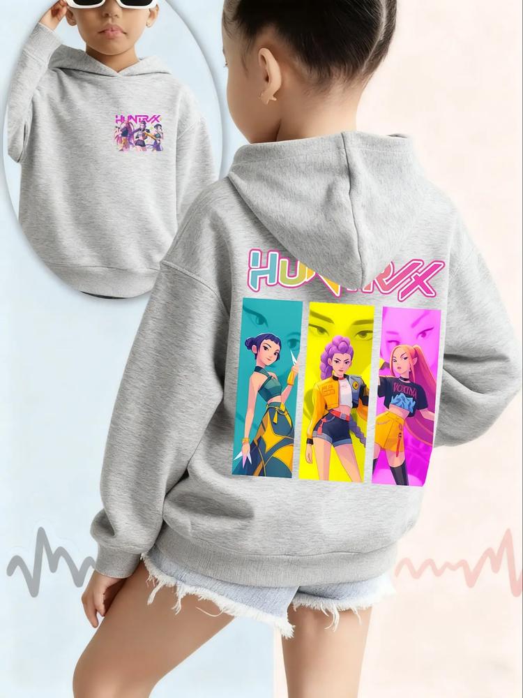 Girls' Kpop Demon Hunters Hoodie, Long Sleeve Cartoon Print Sweatshirt, Casual Fitted Spring & Fall Fashion, Comfortable Trendy Pullover