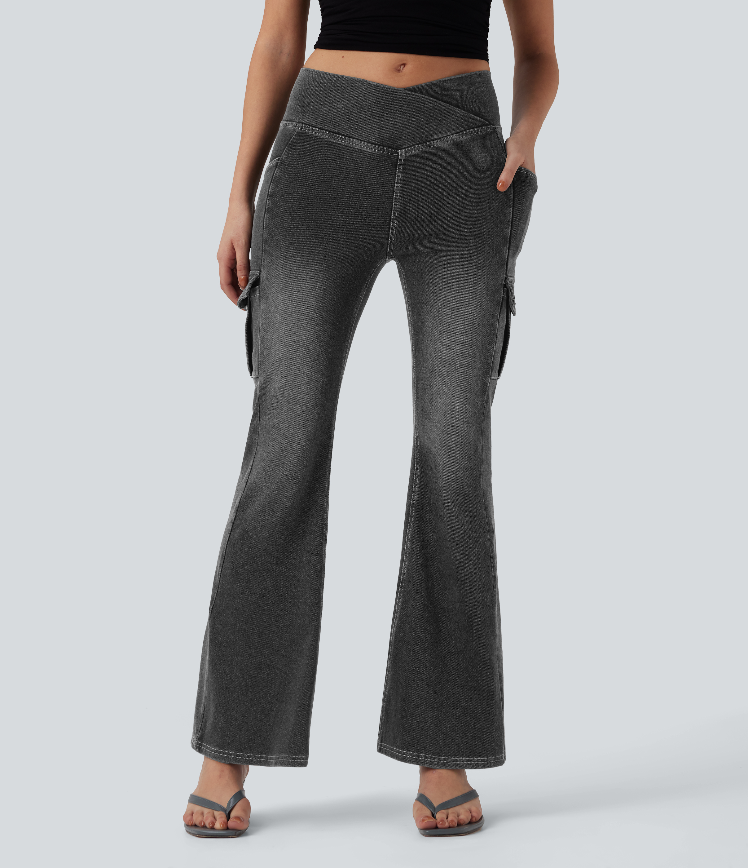 FlexMid Rise Crossover Denim Bootcut Casual Leggings with Pockets