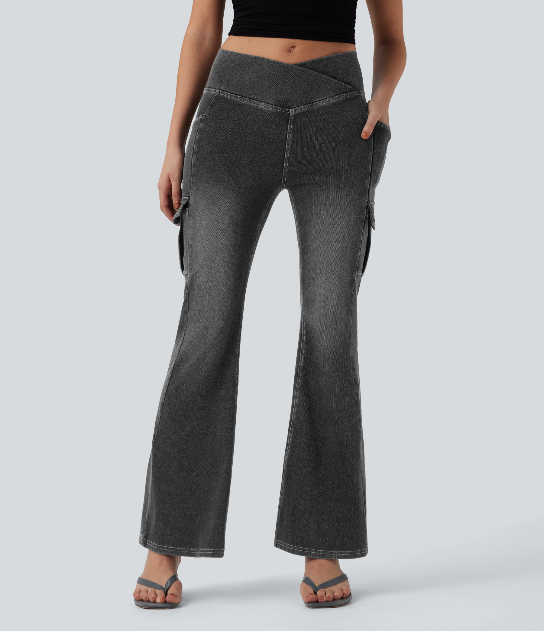 FlexMid Rise Crossover Denim Bootcut Casual Leggings with Pockets