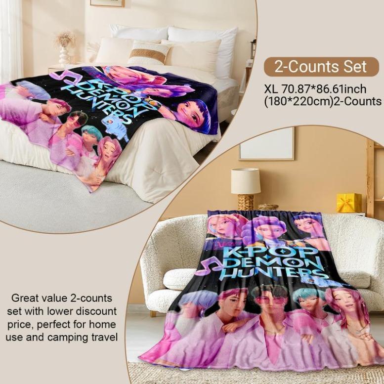 K-Pop Demon Hunter Star Team Blanket, Soft Flannel Sofa Bed Cover, Blue, Lightweight All-Season Travel Camping Home Rug, Figure Print Blanket,Zoey,Mira,Rumi,Huntrix,Sajaboys,Gift For Kids, Gift For Men & Women, K-POP Demon Hunters Merch