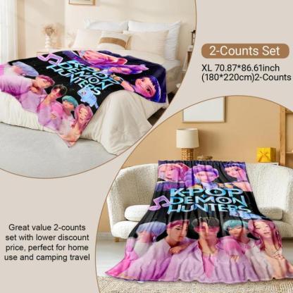 K-Pop Demon Hunter Star Team Blanket, Soft Flannel Sofa Bed Cover, Blue, Lightweight All-Season Travel Camping Home Rug, Figure Print Blanket,Zoey,Mira,Rumi,Huntrix,Sajaboys,Gift For Kids, Gift For Men & Women, K-POP Demon Hunters Merch