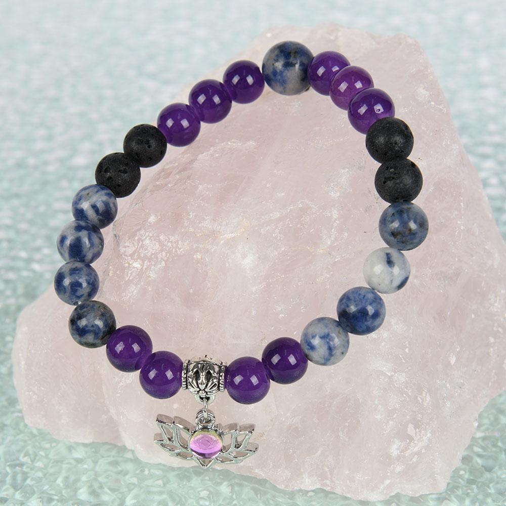 ARPURRAINA Beaded Bangle With Yoga Lotus Charm Natural Stone Crystal Jewelry Blue Bracelet Elastic Band Chakra Protection Encouragement Gift