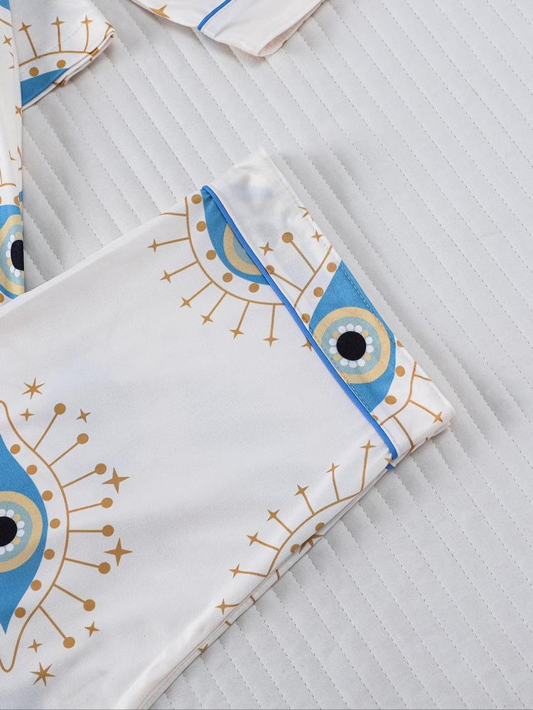 Women's Sleepwear Set, Eye Pattern Print, Holiday Party Pajamas, Soft Shirt Collar Top & Elastic Pants, Casual Home Wear