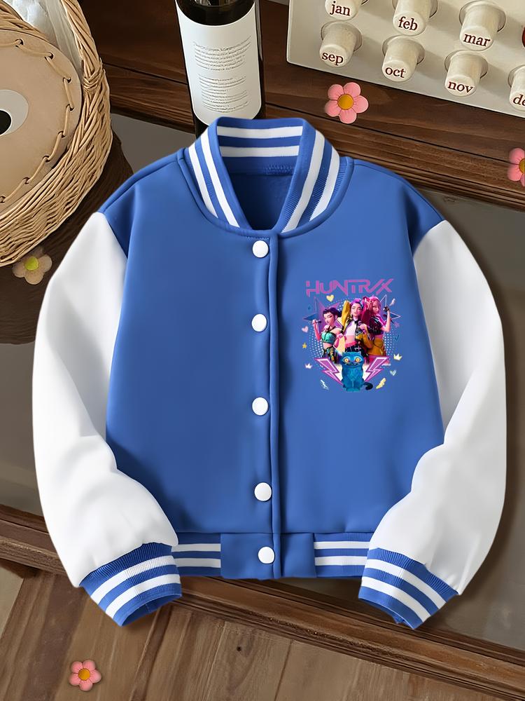 Halloween Girls Short Baseball Jacket, Casual Sports School Uniform, Elastic Fabric, Youth Fashion, Fall & Winter Outerwear, Casual Comfy Jacket