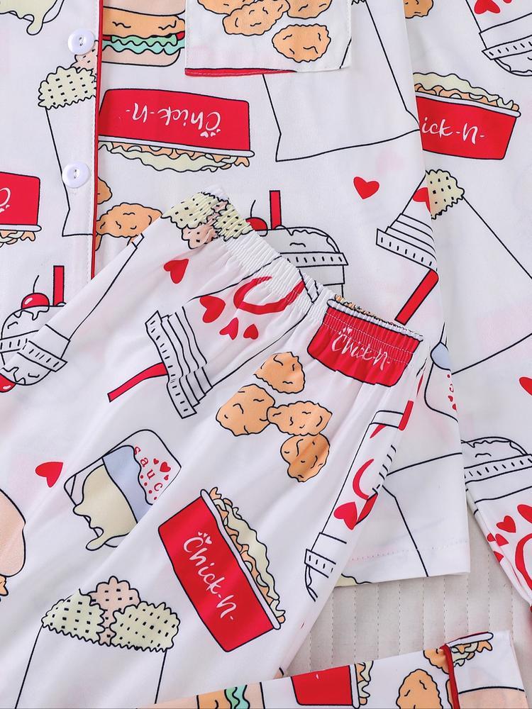 Women's 2-Piece Loungewear Pajama Set, Burger Print, Holiday Party Sleepwear, Soft Shirt Collar Top & Elastic Pants, Casual Home Wear