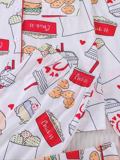 Women's 2-Piece Loungewear Pajama Set, Burger Print, Holiday Party Sleepwear, Soft Shirt Collar Top & Elastic Pants, Casual Home Wear