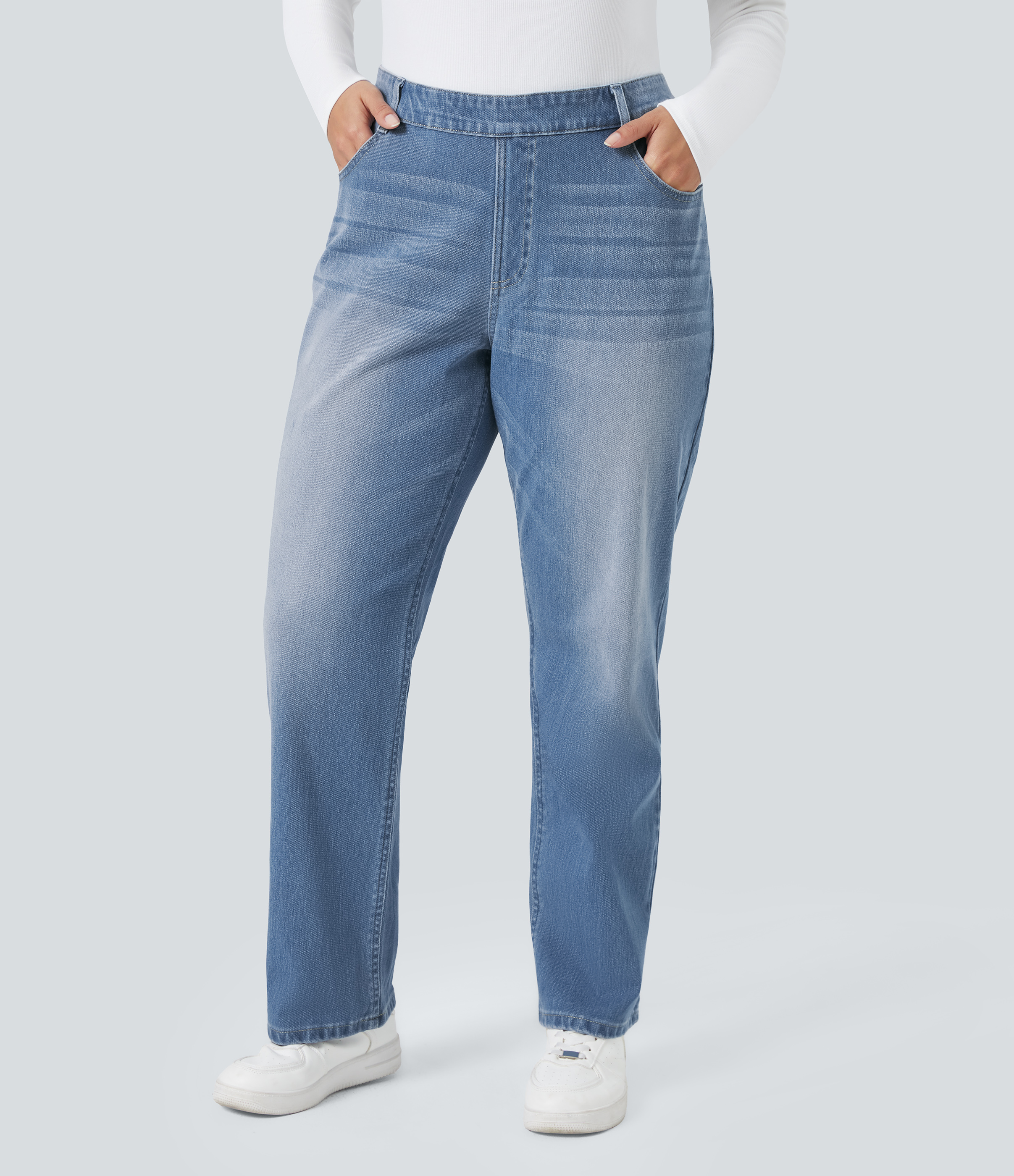 FlexHigh Waisted Pockets Straight Leg Washed Casual Plus Size Jeans