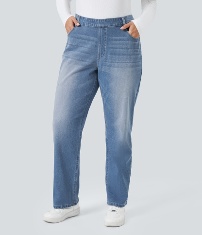 FlexHigh Waisted Pockets Straight Leg Washed Casual Plus Size Jeans