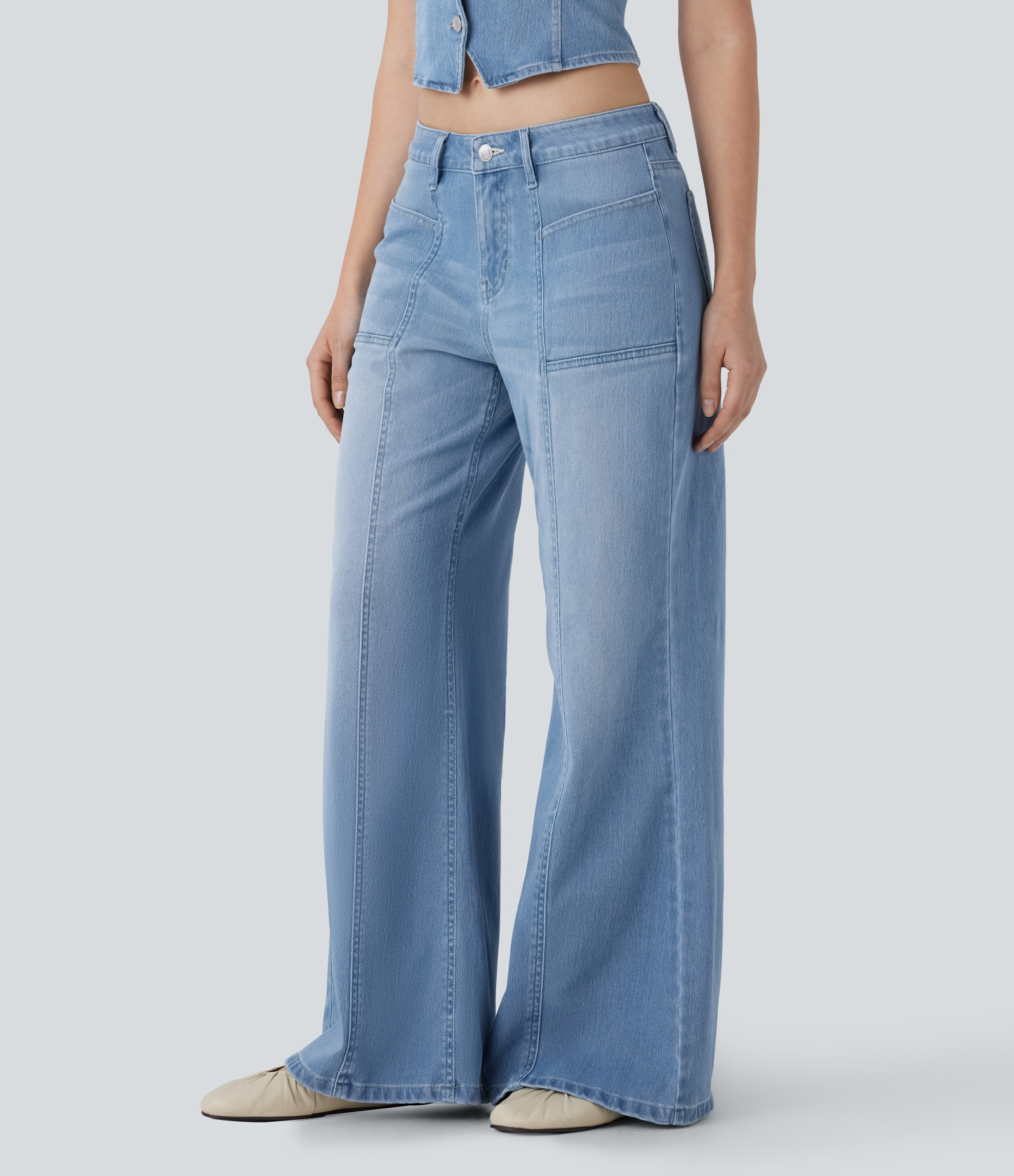 FlexLow Rise Zipper Pockets Baggy Wide Leg Flare Washed Casual Jeans