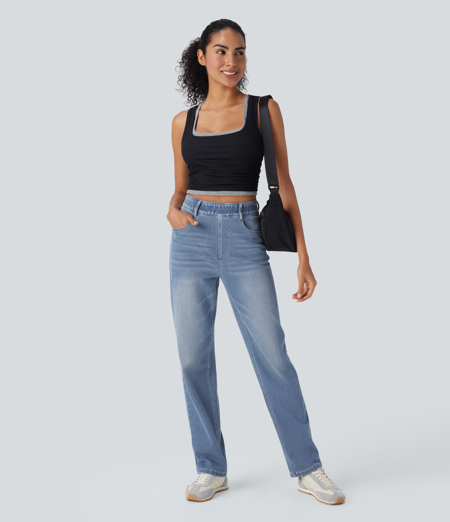 FlexHigh Waisted Pockets Straight Leg Washed Casual Jeans