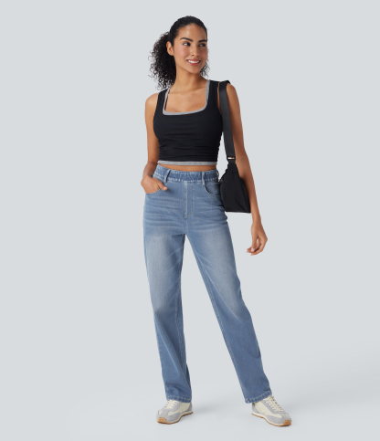 FlexHigh Waisted Pockets Straight Leg Washed Casual Jeans