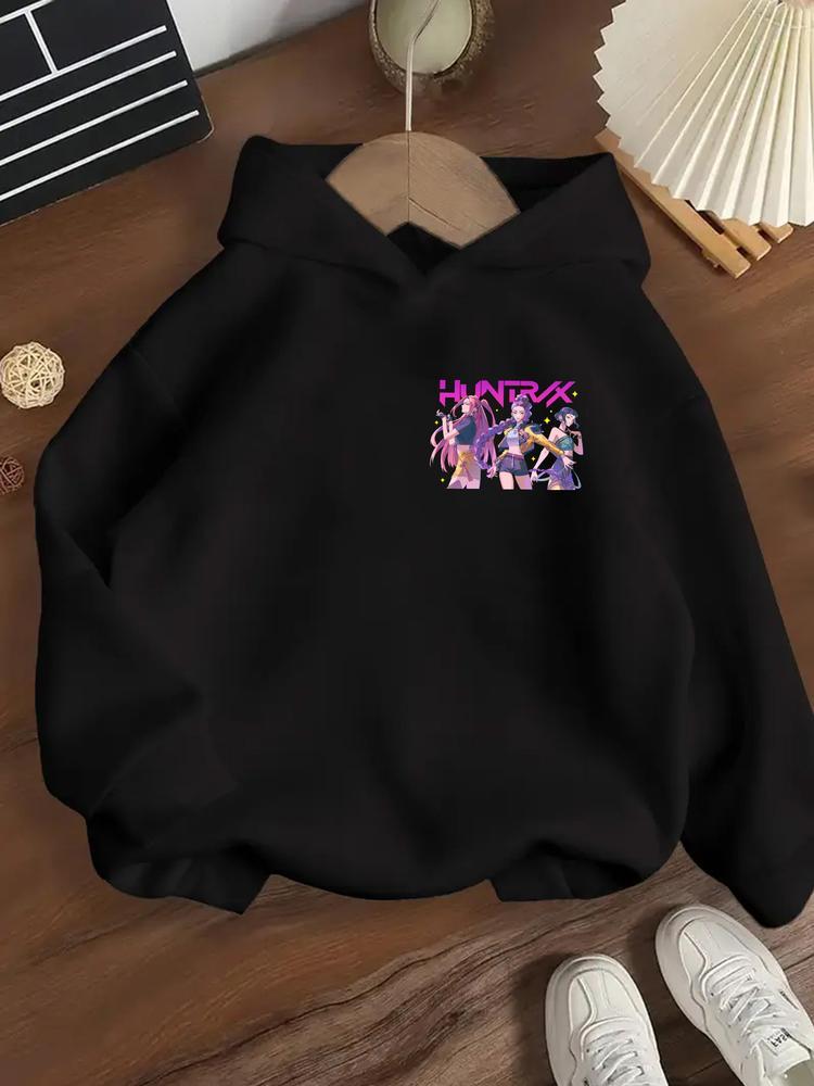 Girls' Kpop Demon Hunters Hoodie, Long Sleeve Cartoon Print Sweatshirt, Casual Fitted Spring & Fall Fashion, Comfortable Trendy Pullover