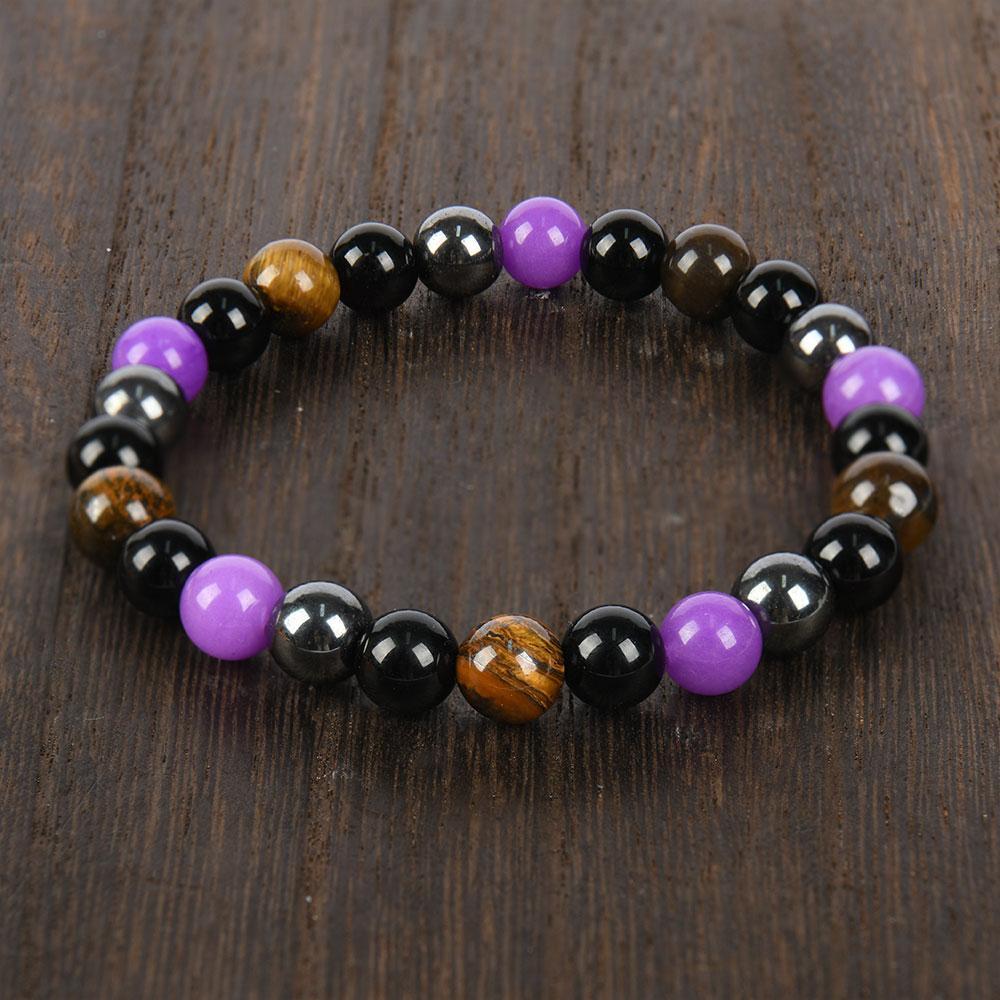 1pc Natural Tiger Eye & Amethyst Beaded Bracelet, Elastic Protection Crystal Bracelet For Men And Women, Unscented Solid Jewelry Gift