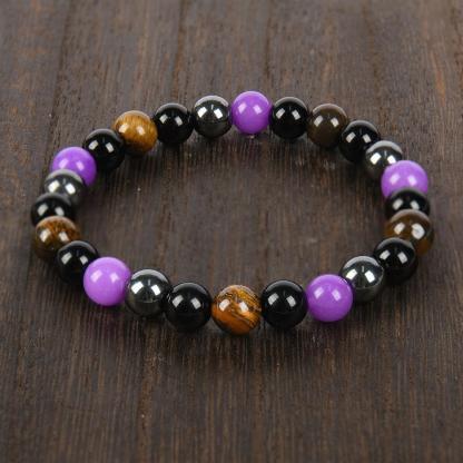 1pc Natural Tiger Eye & Amethyst Beaded Bracelet, Elastic Protection Crystal Bracelet For Men And Women, Unscented Solid Jewelry Gift