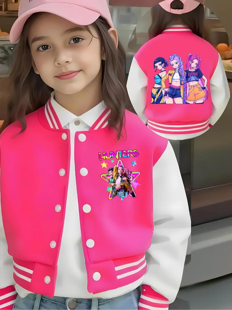 Girls Short Baseball Jacket Coat, Casual Sports School Uniform with Witch Design, Elastic Fabric, Youth Fashion Outerwear