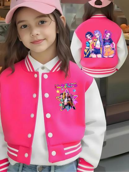 Girls Short Baseball Jacket Coat, Casual Sports School Uniform with Witch Design, Elastic Fabric, Youth Fashion Outerwear