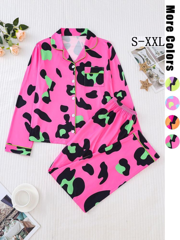 Women's Leopard Print Pajama Set, Casual Fitted Long Sleeve Top & Elastic Pants, Soft Comfortable Sleepwear for Fall Winter