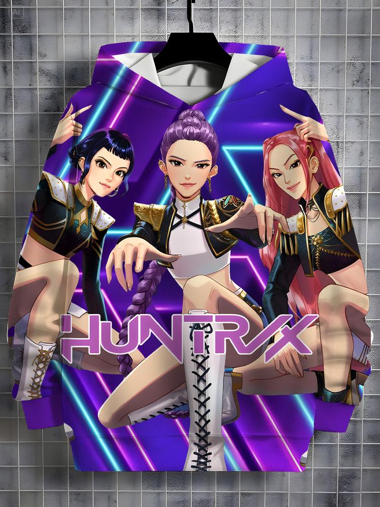 Girls Kpop Demon Hunters Series Stage Style Hoodie, Casual Fall Winter Sportswear, Durable Random Print Design, Christmas Gift