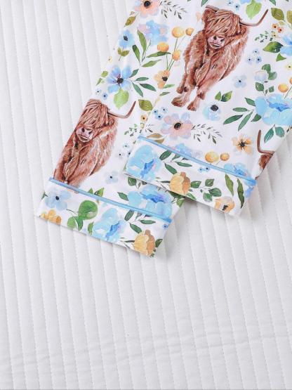 Women's 2-Piece Sleepwear Set, Highland Cow Print, Soft Shirt Collar Top & Elastic Pants, Casual Home Wear for Fall Winter