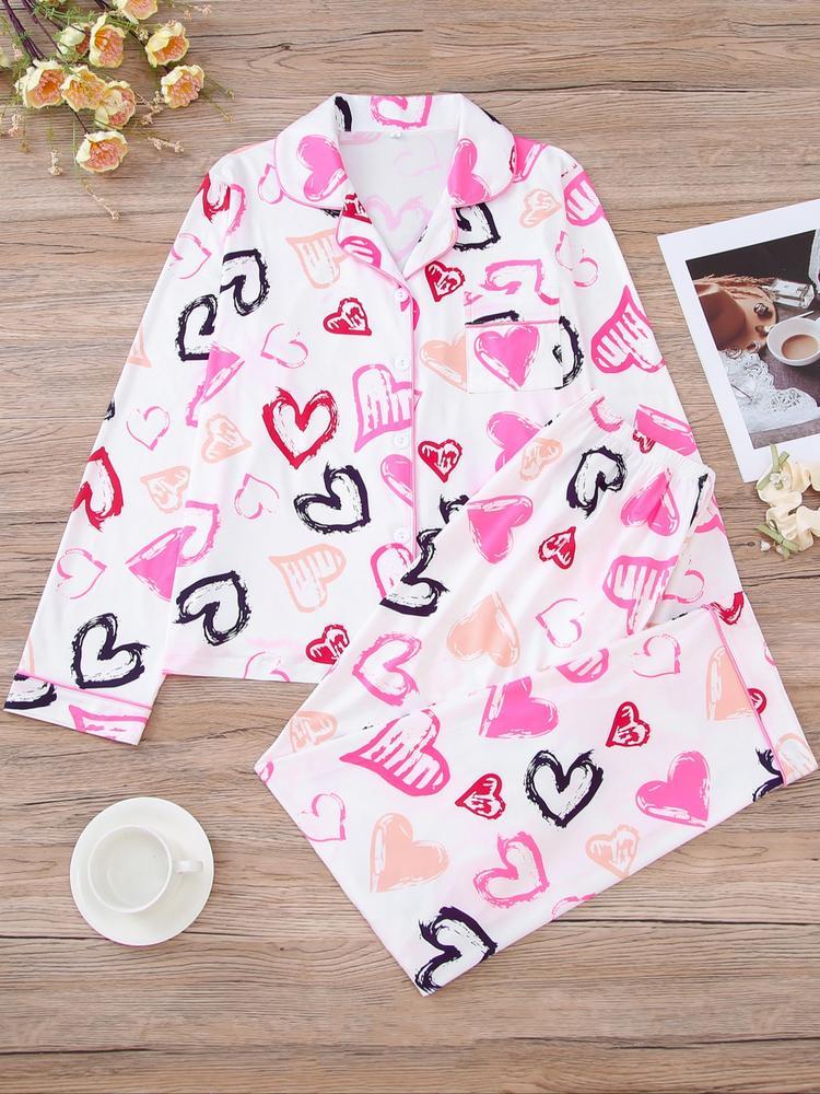 Women's Christmas Pajama Set, Heart Print Long Sleeve Shirt & Elastic Pants, Soft Knit Casual Loungewear Home Wear, Holiday Party Sleepwear