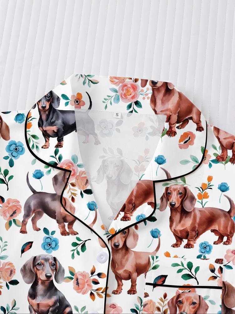 Women's Fall Winter Home Set, Cute Sausage Dog Print, Party Sleepwear, Buttoned Long Sleeve Top & Elastic Pants, Soft Stretch Fabric
