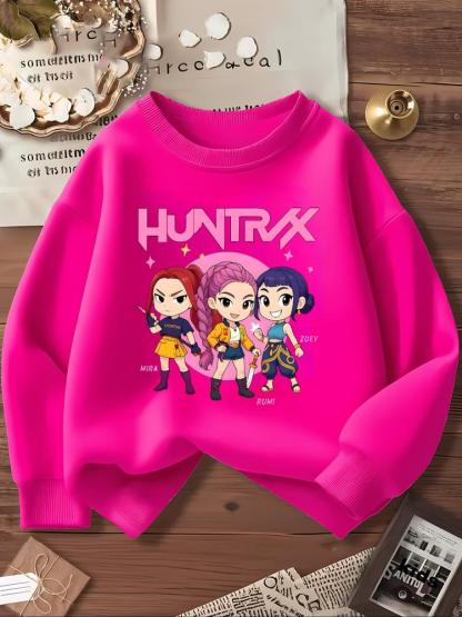 Kpop-Hunter Girl Group Anime Cartoon Print, Elastic Fabric, Girls' Casual Sports Wear, Youth Outdoor & Indoor Activities Hoodie