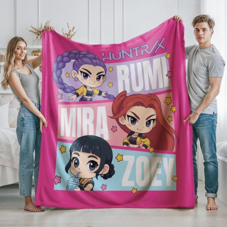 Huntrix Blanket, Kpop Demon Hunter Blanket, Huntrix Rumi, Mira, Zoey Blanket, Gift For Huntrix Fans, Anime Flannel Throw, Huntrix Bedding,K-pop Demon Hunters Merch