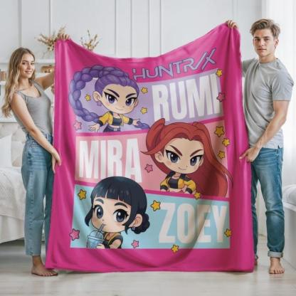 Huntrix Blanket, Kpop Demon Hunter Blanket, Huntrix Rumi, Mira, Zoey Blanket, Gift For Huntrix Fans, Anime Flannel Throw, Huntrix Bedding,K-pop Demon Hunters Merch