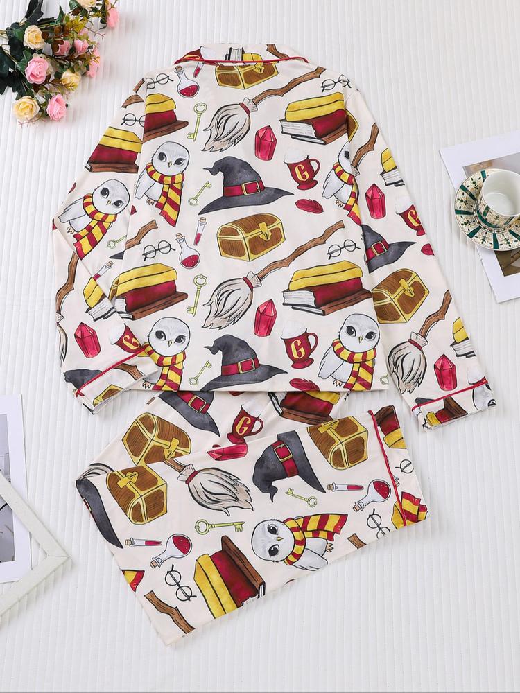 Women's 2-Piece Pajama Set, Magic Theme All-Over Print, Soft Shirt Collar Top & Elastic Pants, Casual Home Wear for Fall Winter