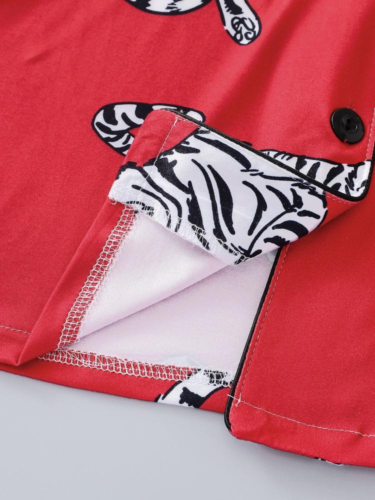 Women's Sleepwear Set, Tiger Animal Print, Elegant for Travel, Comfortable Lapel Short Sleeve Top & Wide Leg Pants, Casual Home Wear, Pajama Set