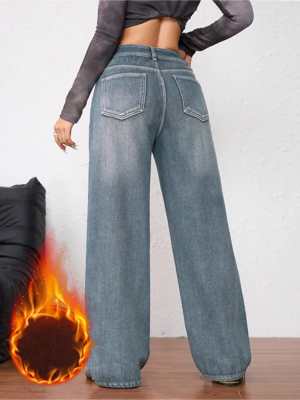 Women's Vintage Fleece-Lined Thickened Fall Winter Wide Leg Jeans, Elegant Comfortable Casual Trendy Straight Washed Denim Pants