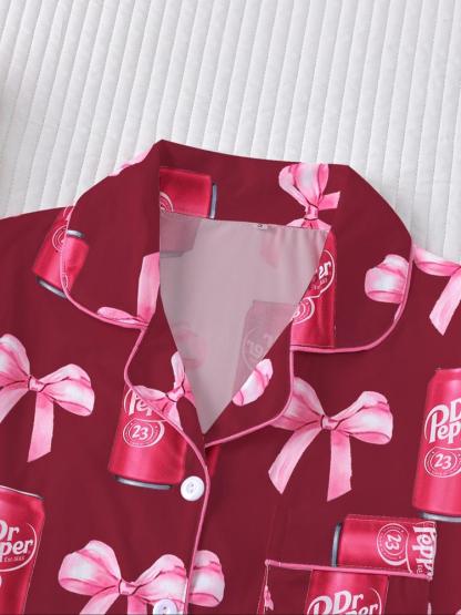 Women's 2-Piece Pajama Set, Long Sleeve Top & Elastic Pants, Casual Fall Winter Sleepwear, All over Print Design