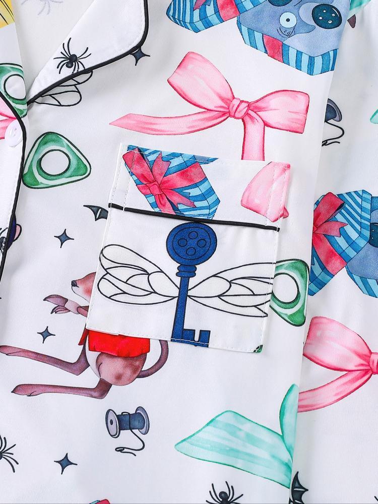 Women's Cartoon Print Pajama Set, Long Sleeve Shirt Collar Top & Elastic Pants, Casual Fall Winter Sleepwear, Comfortable Home Wear