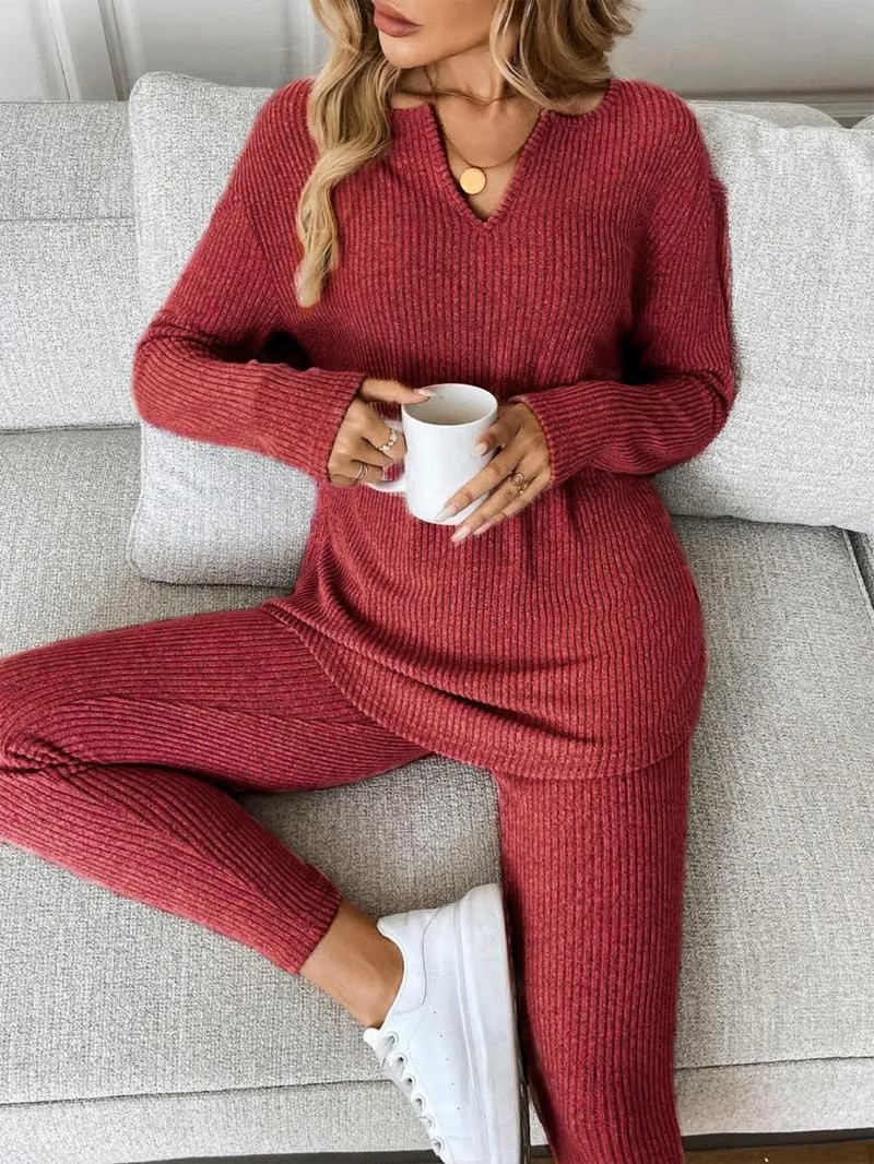 Women's Casual Plush Rib-Knit Long Sleeve T-Shirt And Leggings Set pajamas (Buy 2 Free Shipping)