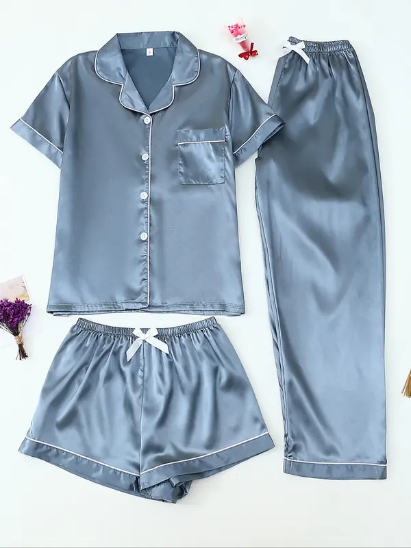 Women's Satin Sleepwear Set, 3-Piece Pajama with Button Front Top & Bow Shorts, Casual Home Wear for Women