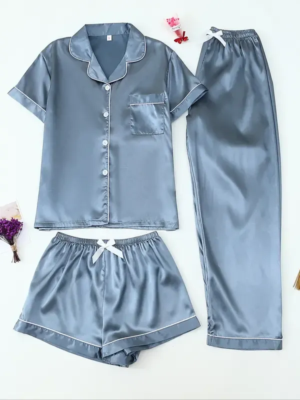 Women's Satin Sleepwear Set, 3-Piece Pajama with Button Front Top & Bow Shorts, Casual Home Wear for Women