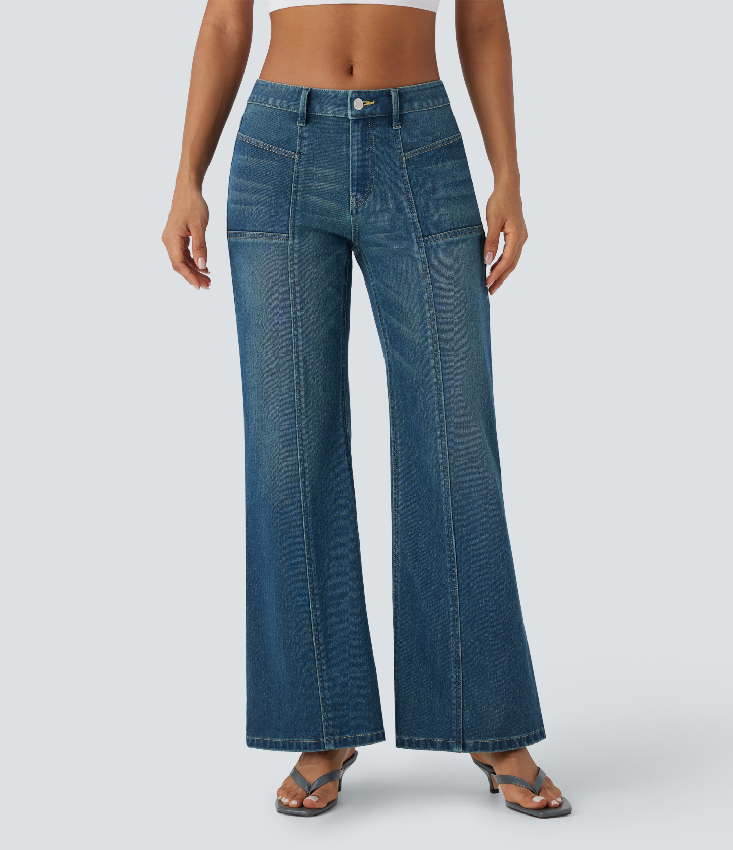 FlexLow Rise Zipper Pockets Baggy Wide Leg Flare Washed Casual Jeans