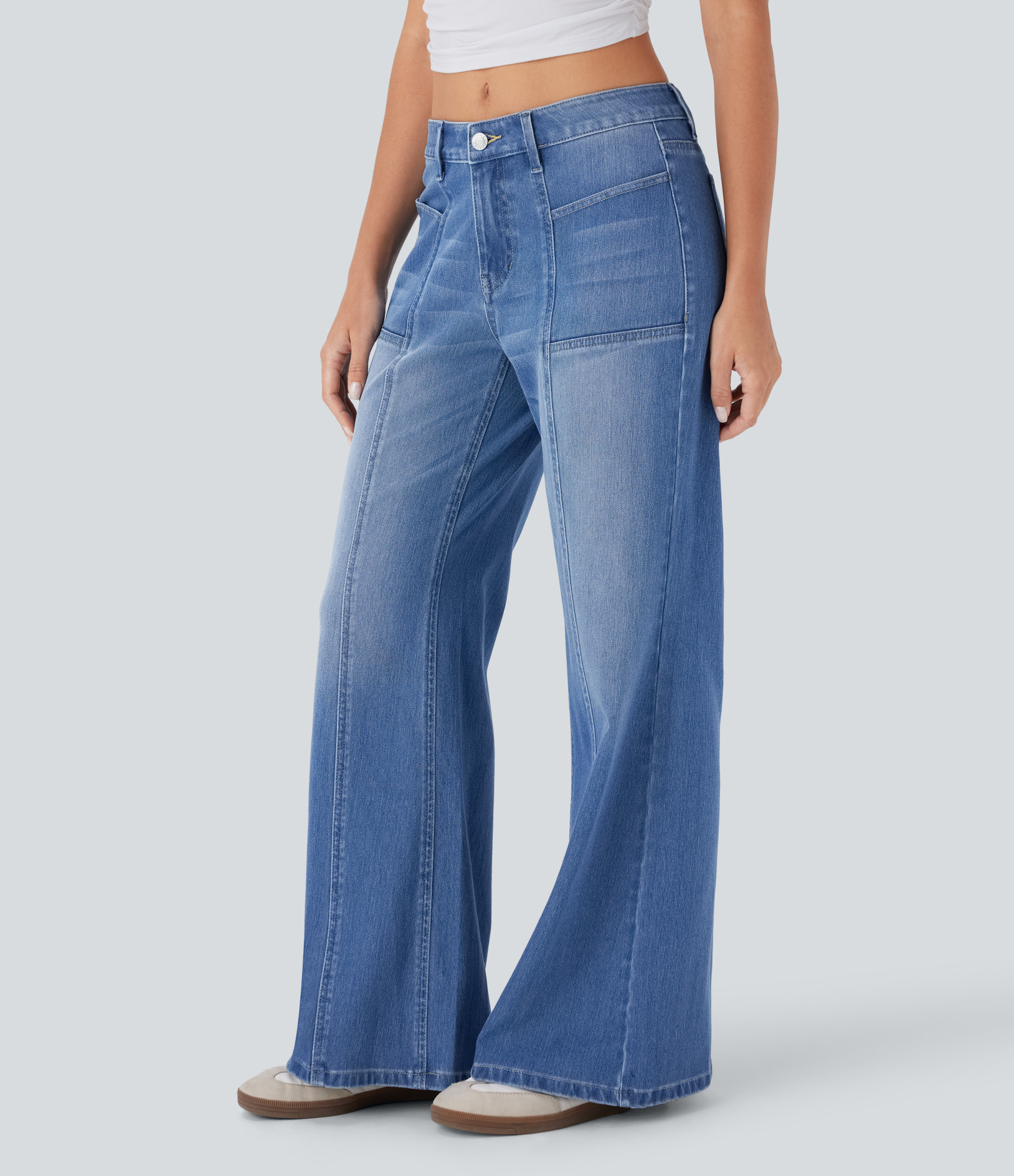 FlexLow Rise Zipper Pockets Baggy Wide Leg Flare Washed Casual Jeans