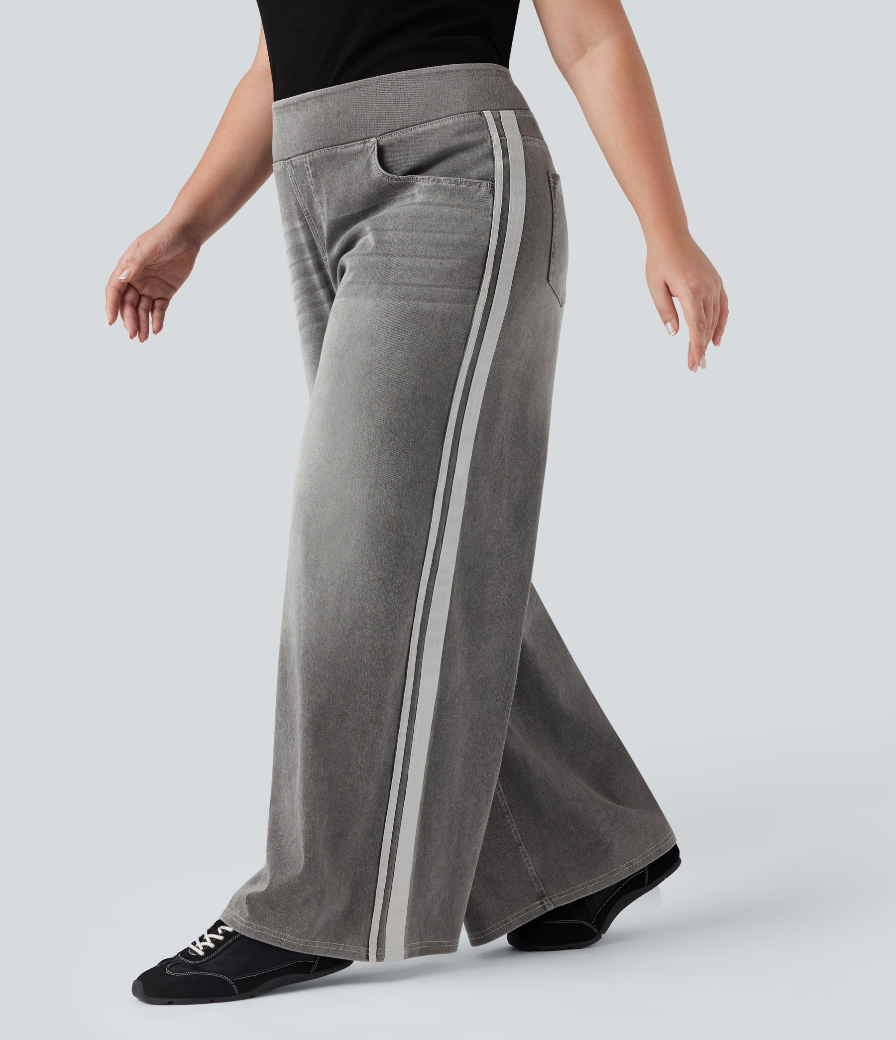 Plus Size FlexHigh Waisted Stripe Wide Leg Flowy Washed Casual Jeans with Pockets