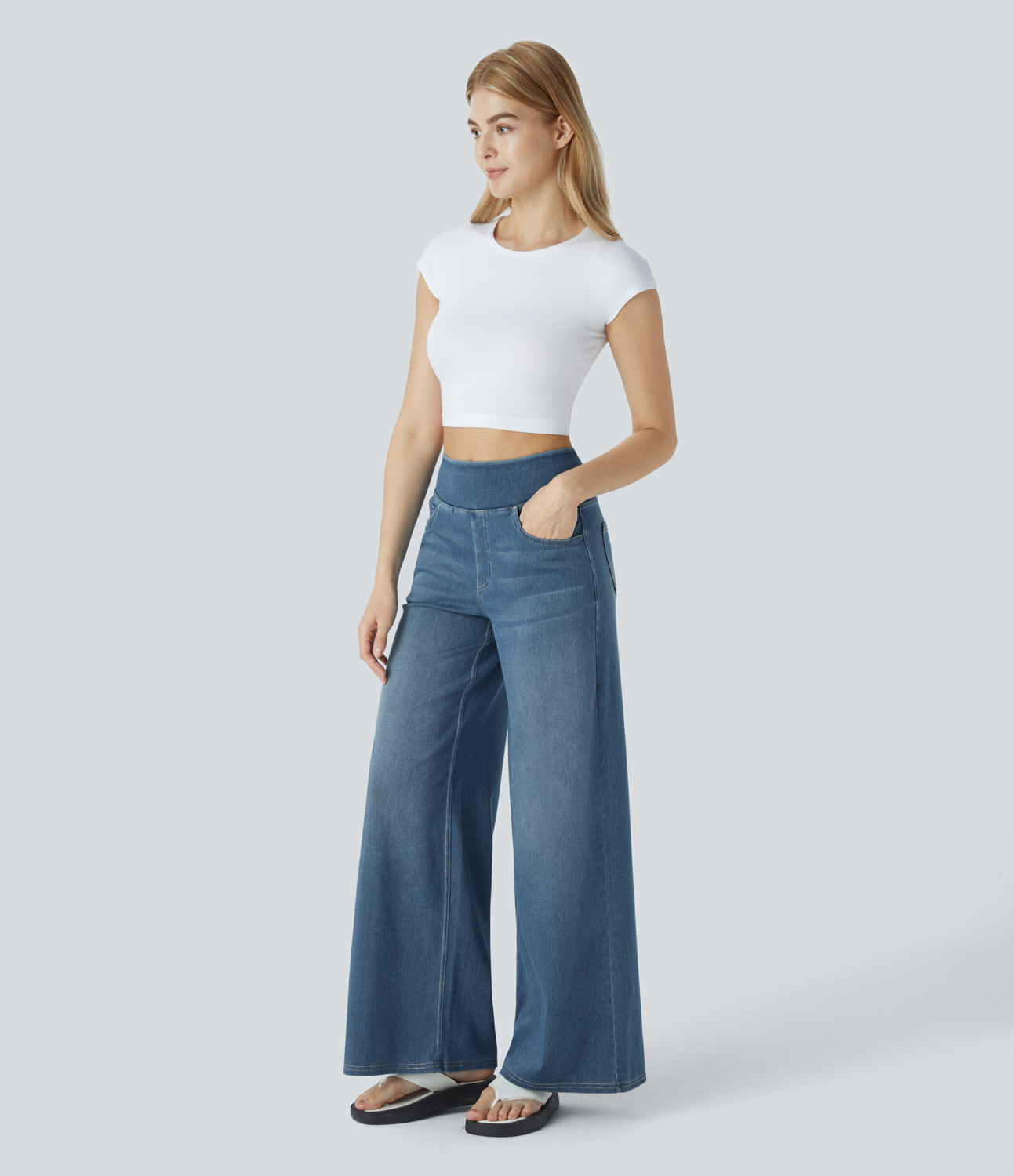 FlexHigh Waisted Pockets Baggy Wide Leg Washed Casual Jeans