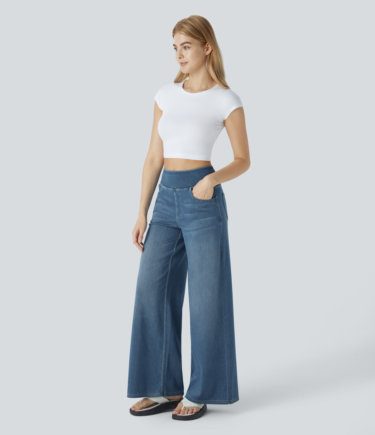 FlexHigh Waisted Pockets Baggy Wide Leg Washed Casual Jeans